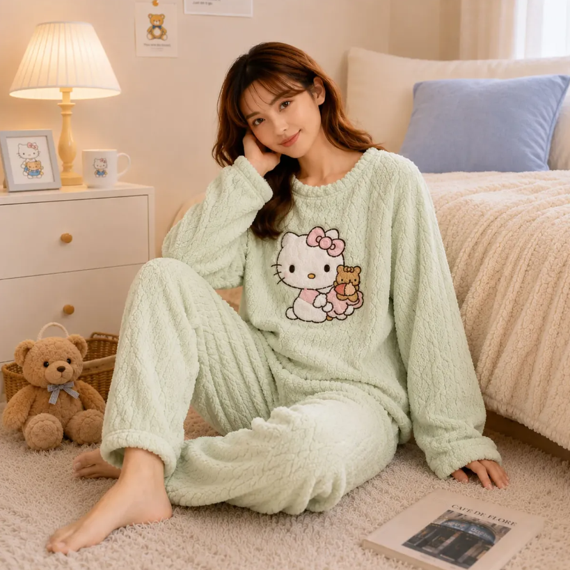 Pijama Conjunto Invierno Mujer Peludo Suave Gatito-1