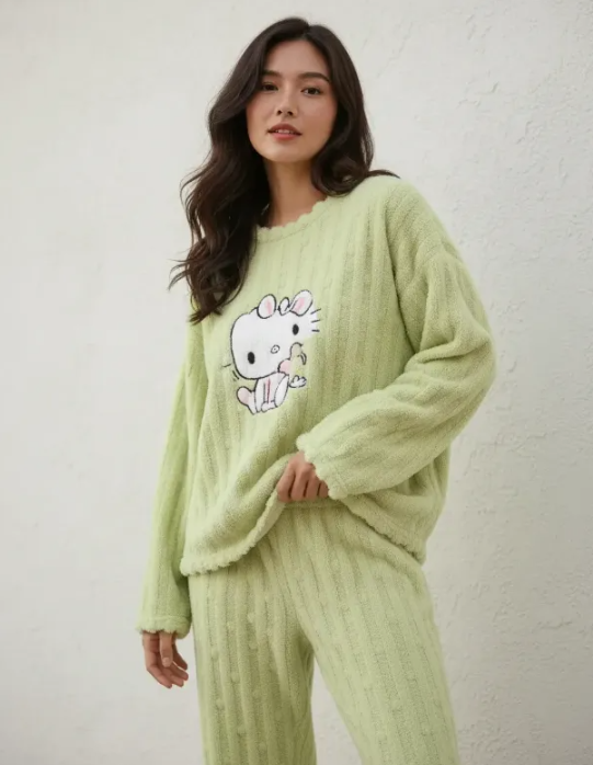 Pijama Conjunto Invierno Mujer Peludo Suave Gatito-3
