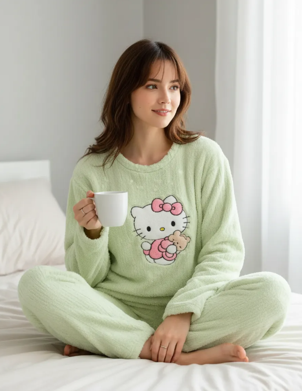 Pijama Conjunto Invierno Mujer Peludo Suave Gatito-4