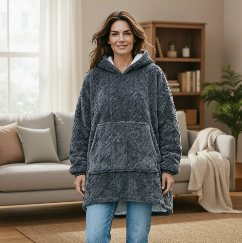 Maxi Poleron Sherpa Chiporro Texturizado Oversize Capucha Gris-2