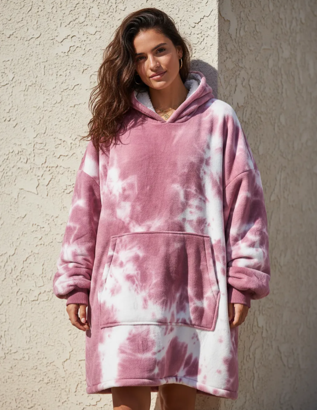 Maxi Poleron Sherpa Con Chiporro Oversize Invierno Rosa Con Blanco-3