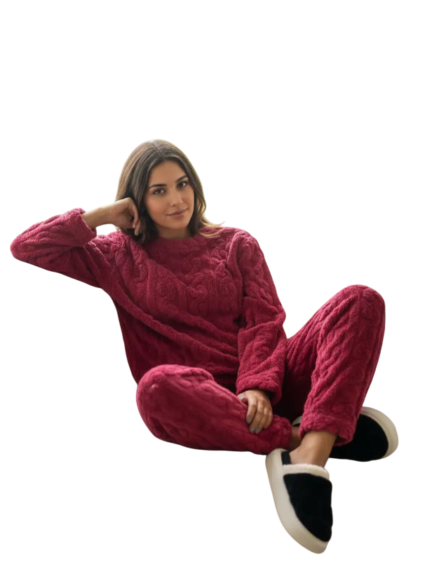 Pijama Conjunto Invierno Mujer Peludo Suave Trenzado Burdeo-0