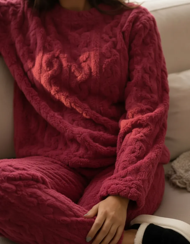 Pijama Conjunto Invierno Mujer Peludo Suave Trenzado Burdeo-1