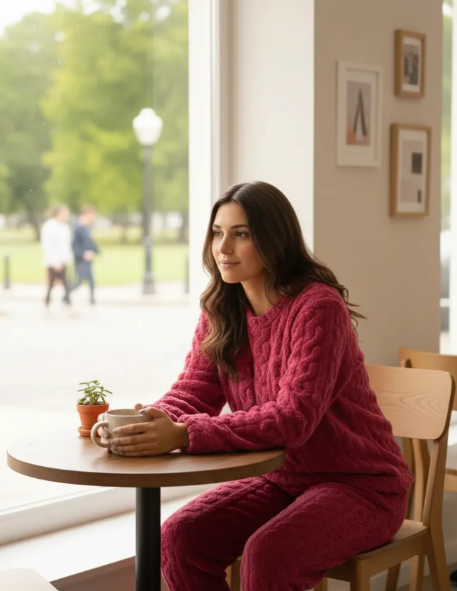 Pijama Conjunto Invierno Mujer Peludo Suave Trenzado Burdeo-2