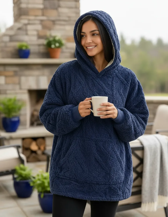Maxi Poleron Sherpa Chiporro Texturizado Oversize Capucha Azul Marino -1
