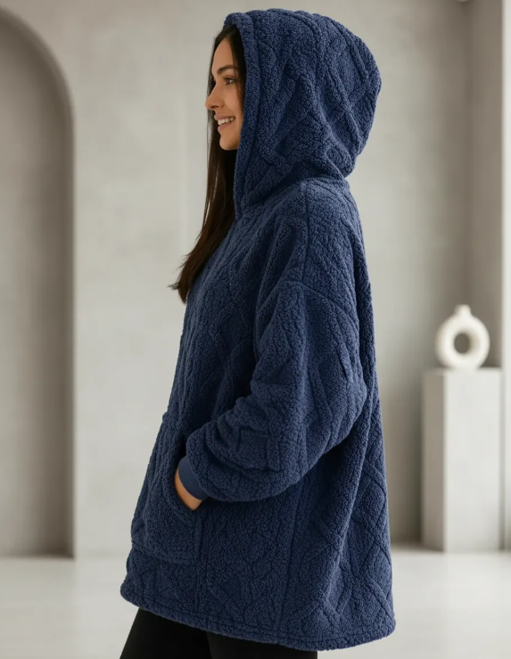 Maxi Poleron Sherpa Chiporro Texturizado Oversize Capucha Azul Marino -2