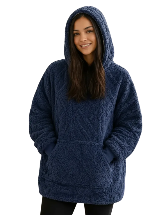 Maxi Poleron Sherpa Chiporro Texturizado Oversize Capucha Azul Marino -0