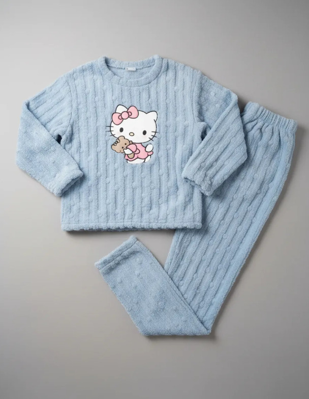 Pijama Conjunto Invierno Mujer Peludo Suave Gatito Azul-2