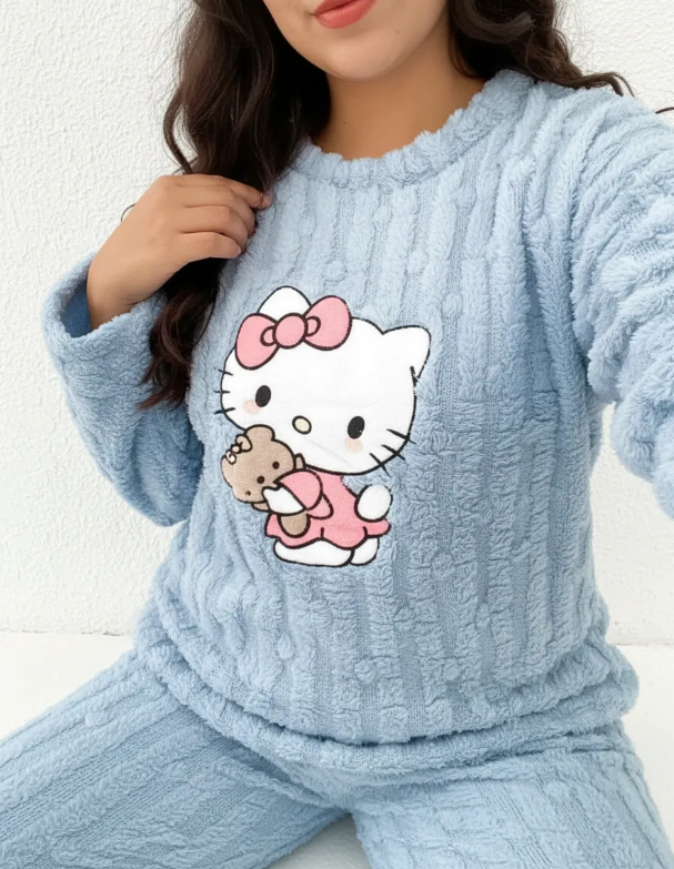 Pijama Conjunto Invierno Mujer Peludo Suave Gatito Azul-3
