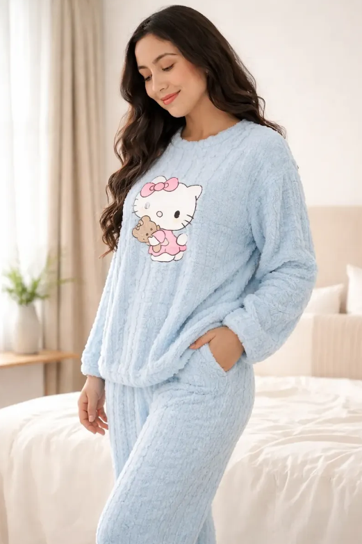 Pijama Conjunto Invierno Mujer Peludo Suave Gatito Azul-4