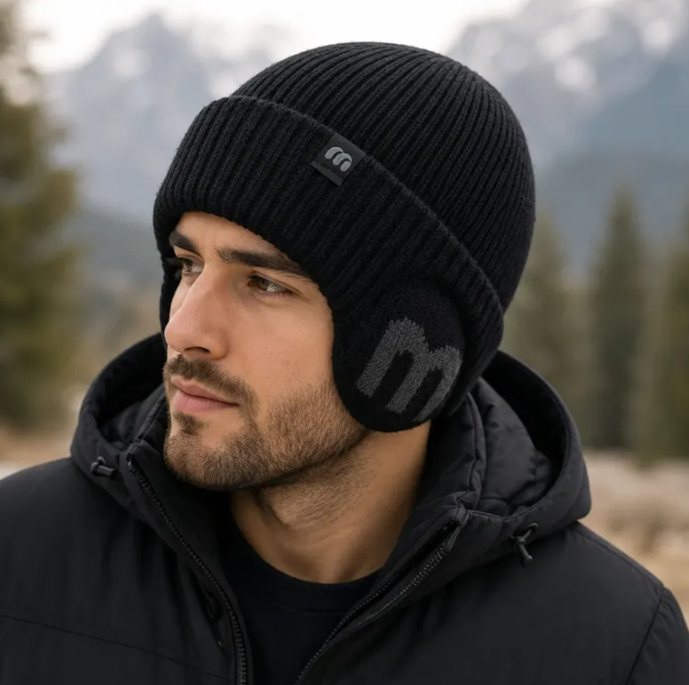 Gorro Tejido Unisex Con Orejeras Invierno Termico Negro-2