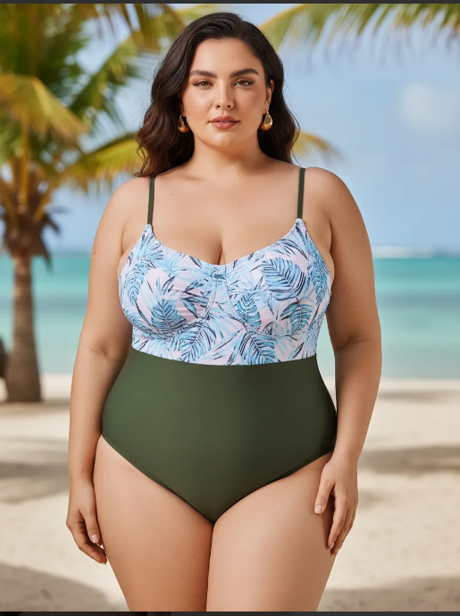 Traje De Baño Entero Floreado y bottom Verde Musgo-3