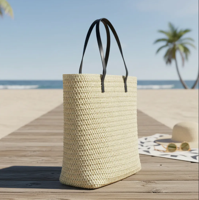 Bolso De Playa Rafia Crema-4