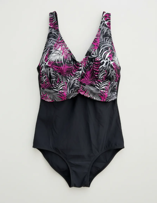 Traje De Ba o Entero Negro Con Flores Fucsia-2