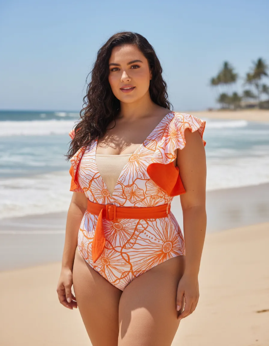 Traje De Baño Entero color Naranja con Bolados-2