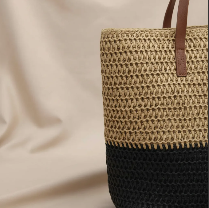 Bolso De Playa Rafia Combinado Negro Y Beige-2