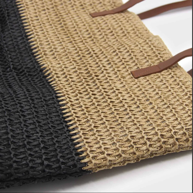 Bolso De Playa Rafia Combinado Negro Y Beige-3