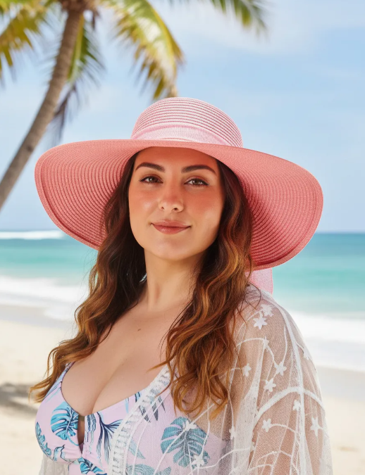 Sombrero De Playa Mujer Ala Ancha Rosa-1
