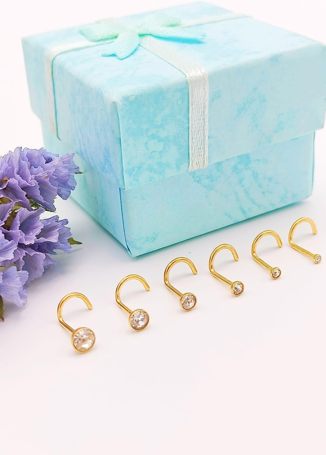 Set 6 Piercing Cesta Nostril Punto Luz Tipo S Chapados En Oro 18k-0