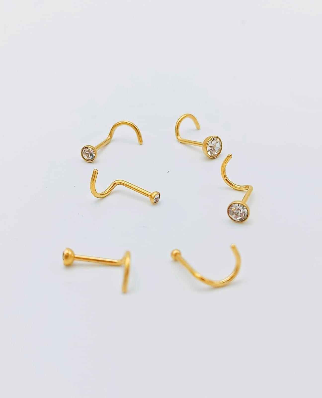 Set 6 Piercing Cesta Nostril Punto Luz Tipo S Chapados En Oro 18k-3