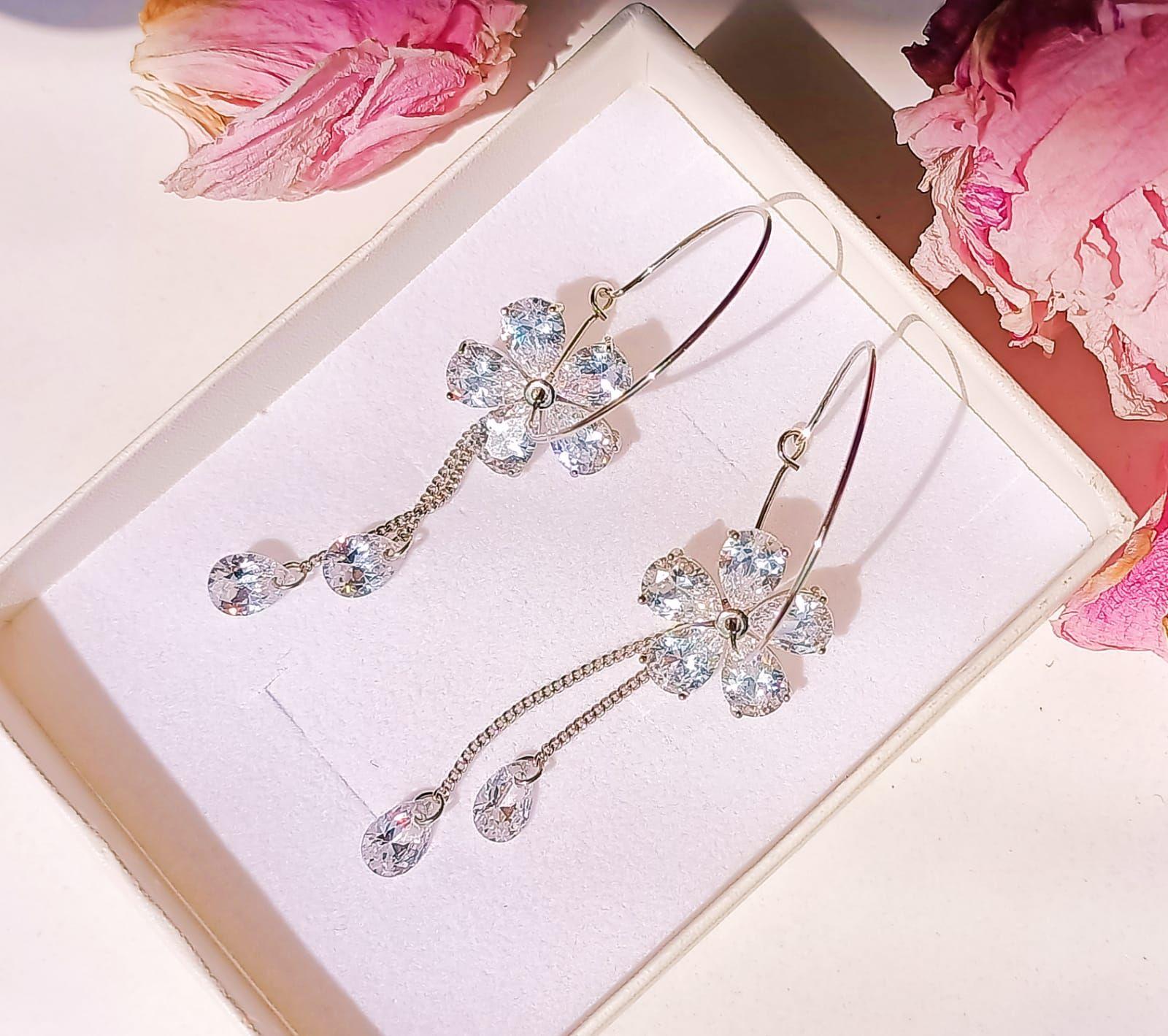 Argollas Largas Hoop Cristal Zirconia Baño De Oro Blanco-4
