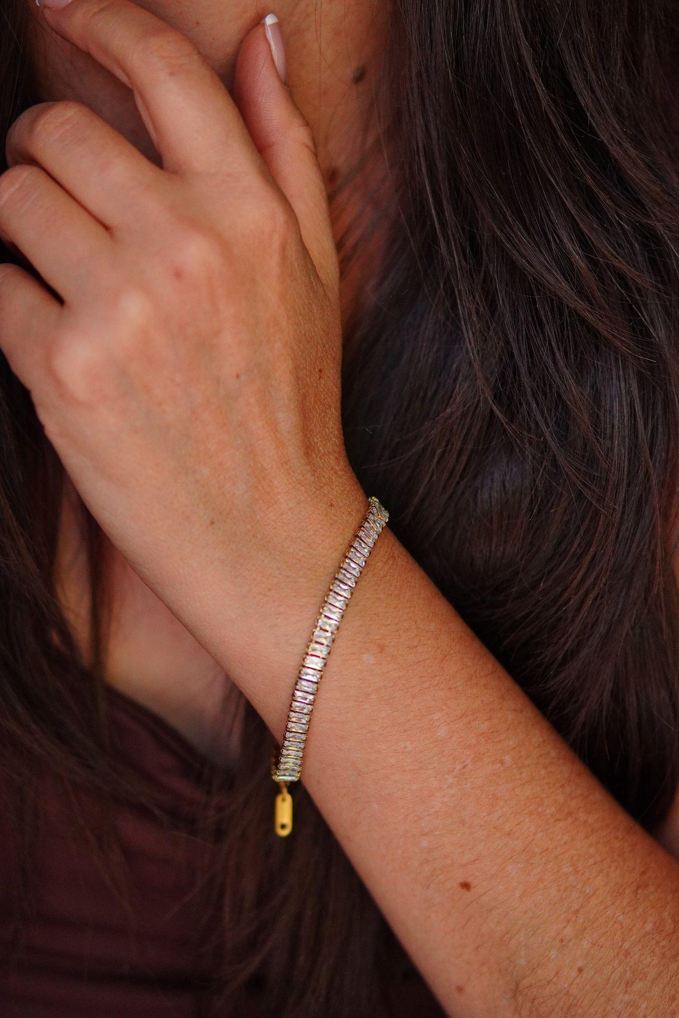 Pulsera tennis zirconias rectangulares chapada en oro 18k-2