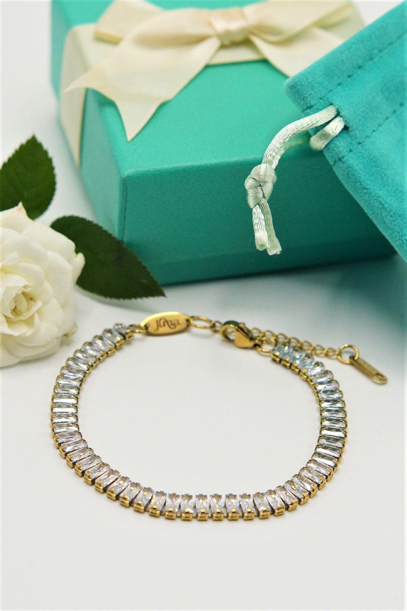 Pulsera tennis zirconias rectangulares chapada en oro 18k-3