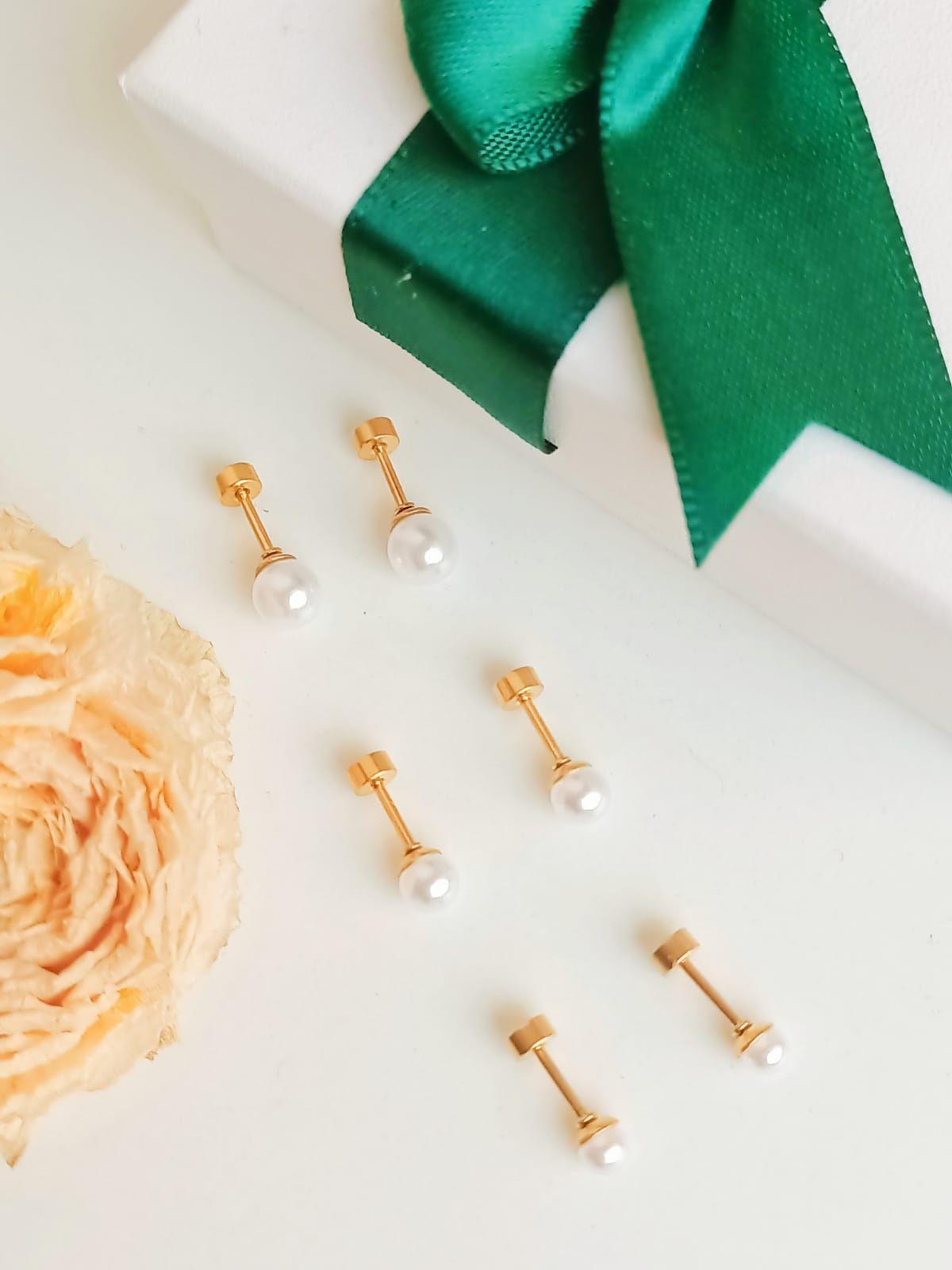 Pack De Aros Piercing Perlas Seguridad Chapadas En Oro 18k-5