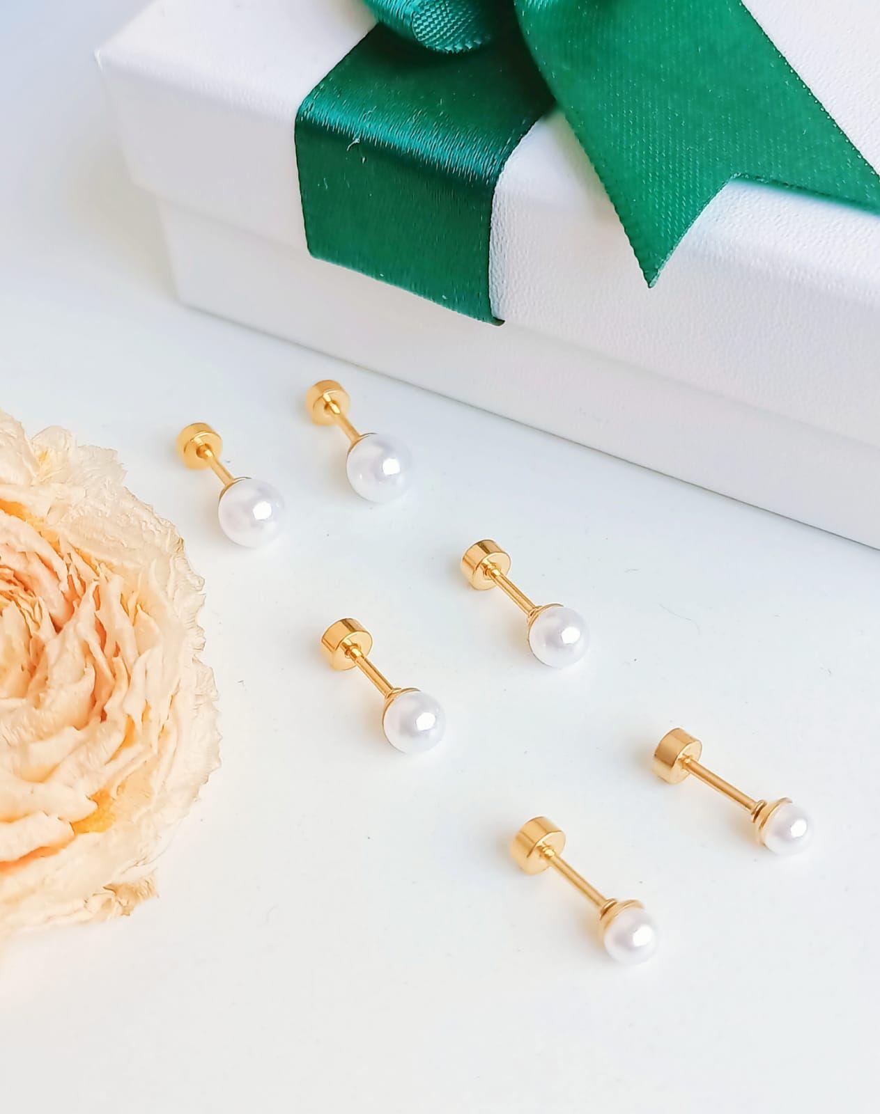 Pack De Aros Piercing Perlas Seguridad Chapadas En Oro 18k-6