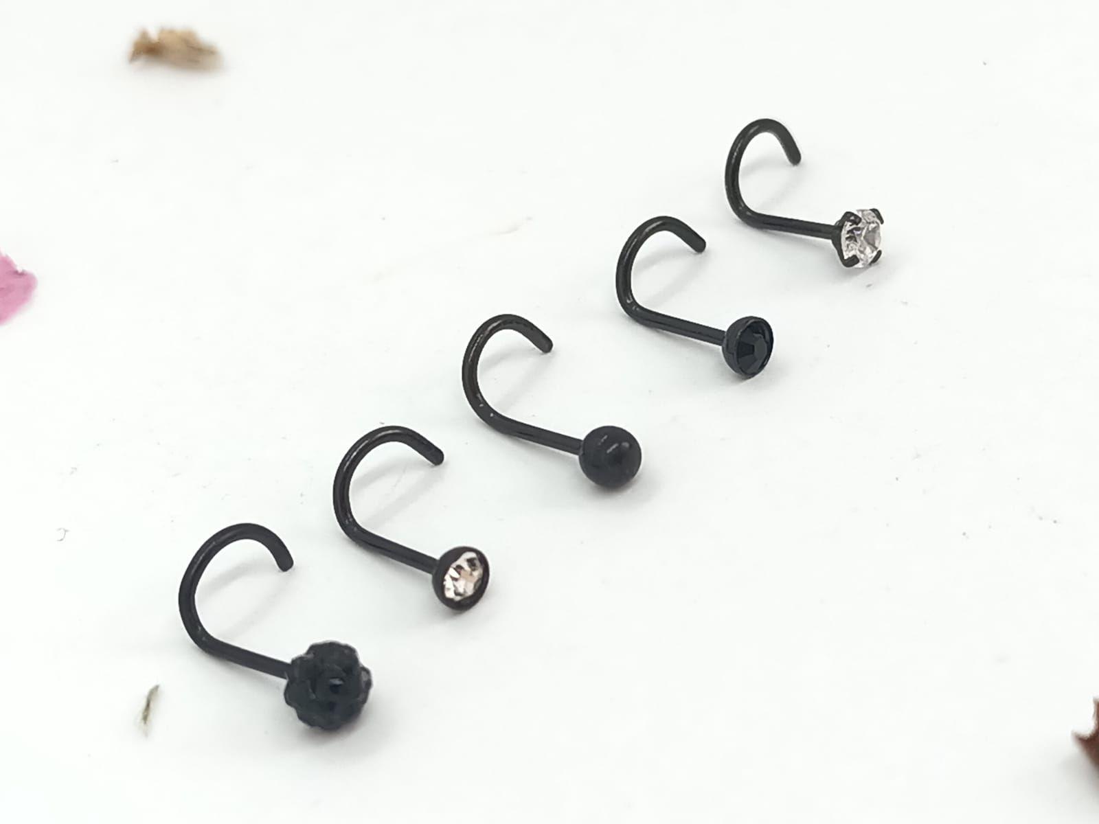Set 5 Piercing Acero Quirúrgic Tipo S Nariz Zirconia Nostril negro-3