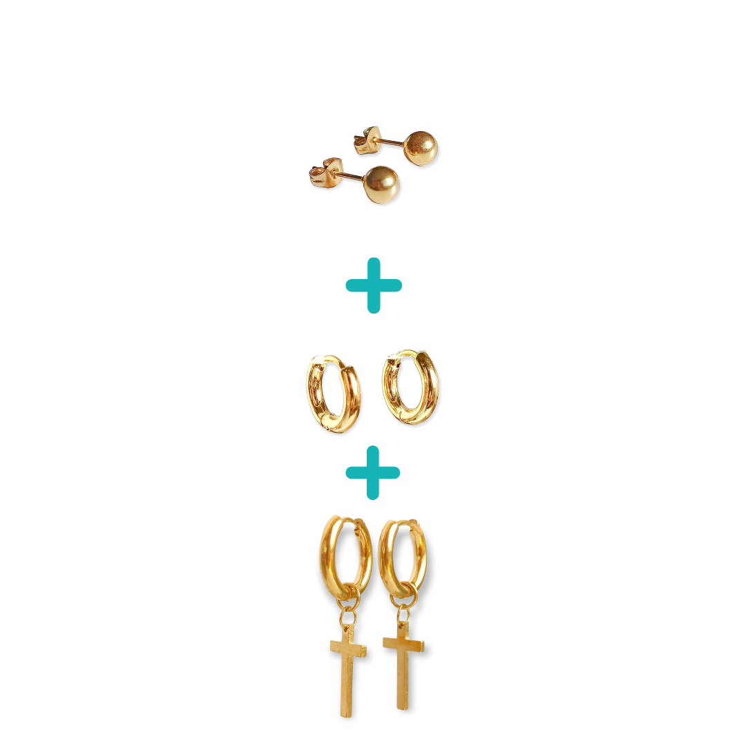 Pack De Aros Argollas Huggies Cruz Esfera Chapada En Oro 18k-0