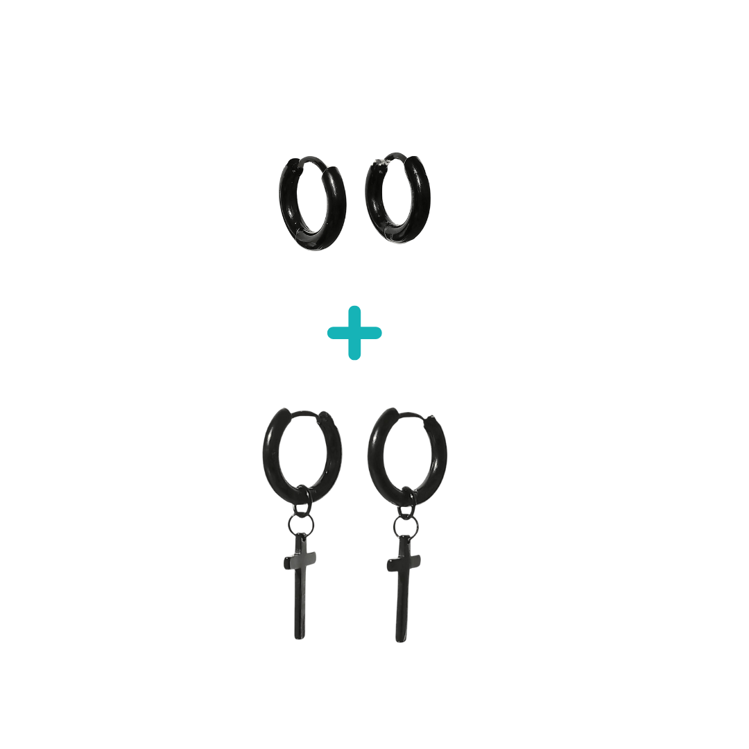 Pack De Aros Argollas Doble Uso Negras Cruz Piercing Oreja-0