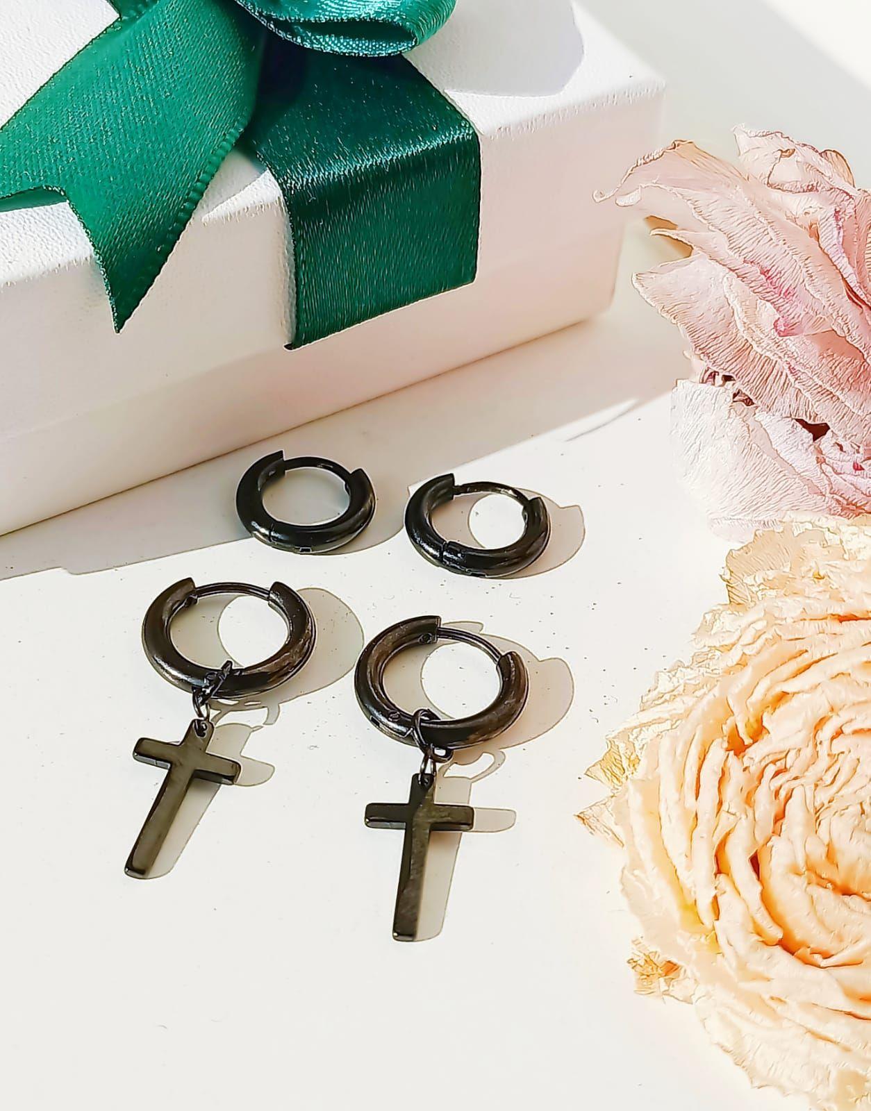 Pack De Aros Argollas Doble Uso Negras Cruz Piercing Oreja-1
