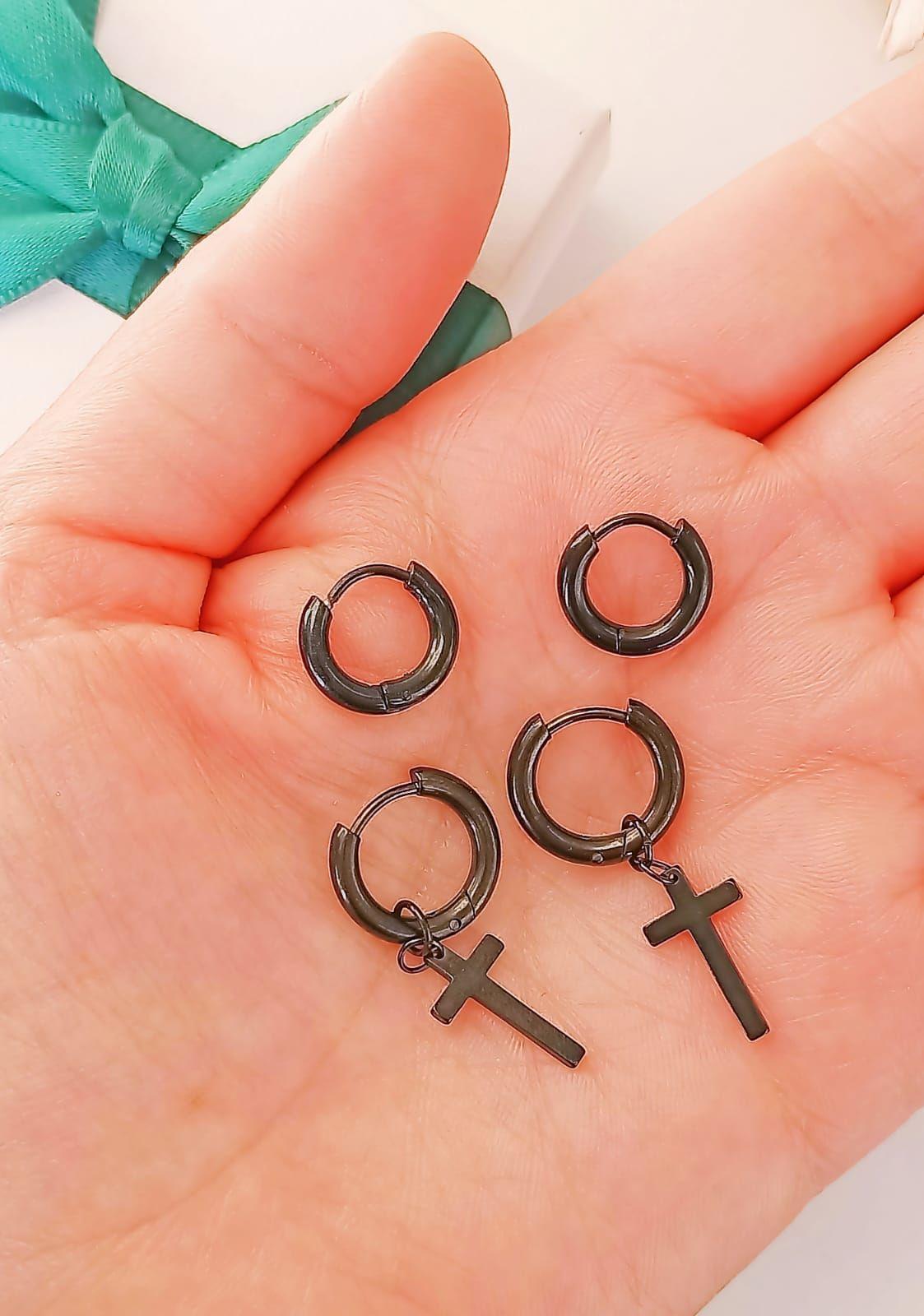 Pack De Aros Argollas Doble Uso Negras Cruz Piercing Oreja-3