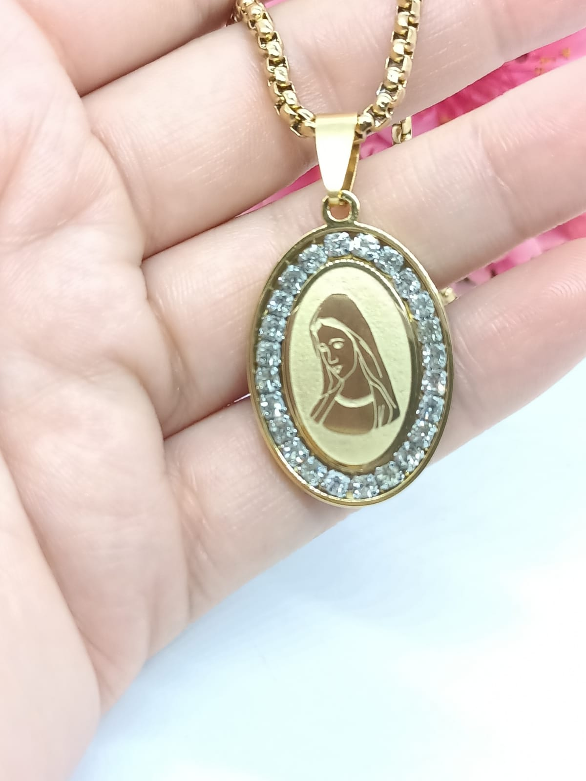 Colgante Medalla Virgen Maria Acero Zirconia Enchapada en oro 18kl-2