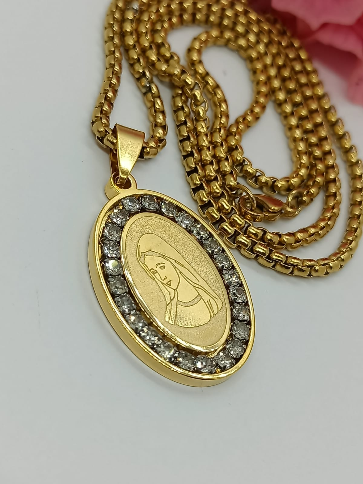 Colgante Medalla Virgen Maria Acero Zirconia Enchapada en oro 18kl-4