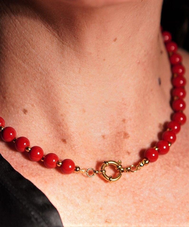 Gargantilla choker jade rojo natural chapado en oro 18k Terranova-2