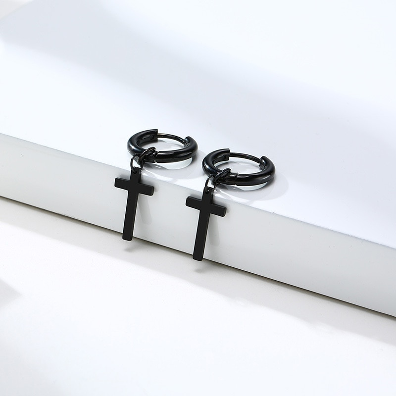 Aros Doble Uso Punk Cruz Acero Negro Pendientes Hombre Mujer-2