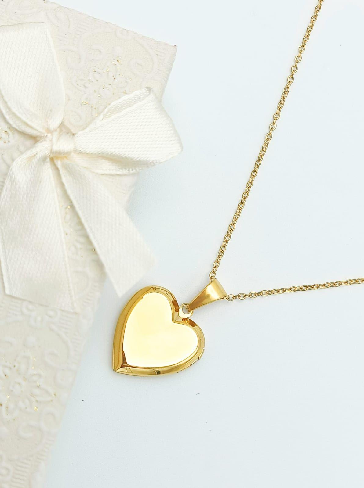 Relicario Corazon Nacar Cadena Guardafoto Chapado En Oro 18k-3