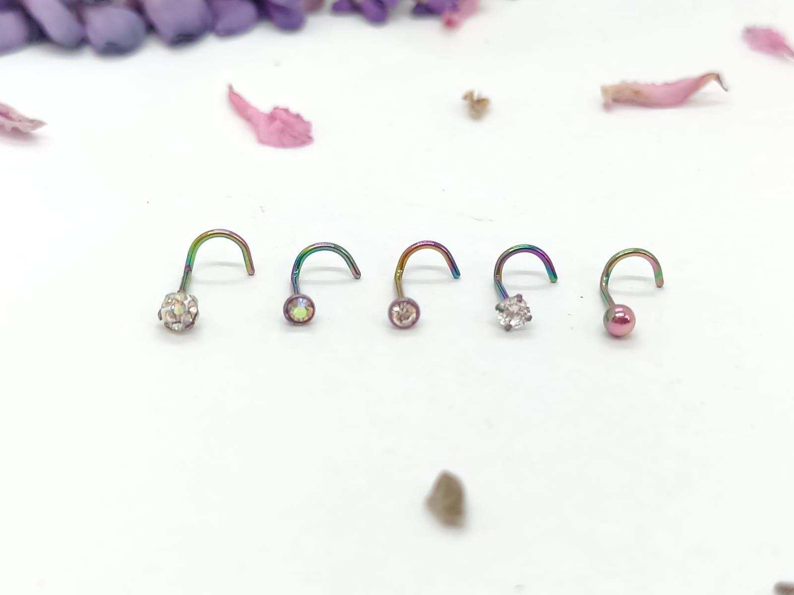 Set 5 Piercing Acero Quirúrgic Tipo S Nariz Zirconia Nostril multicolor-4