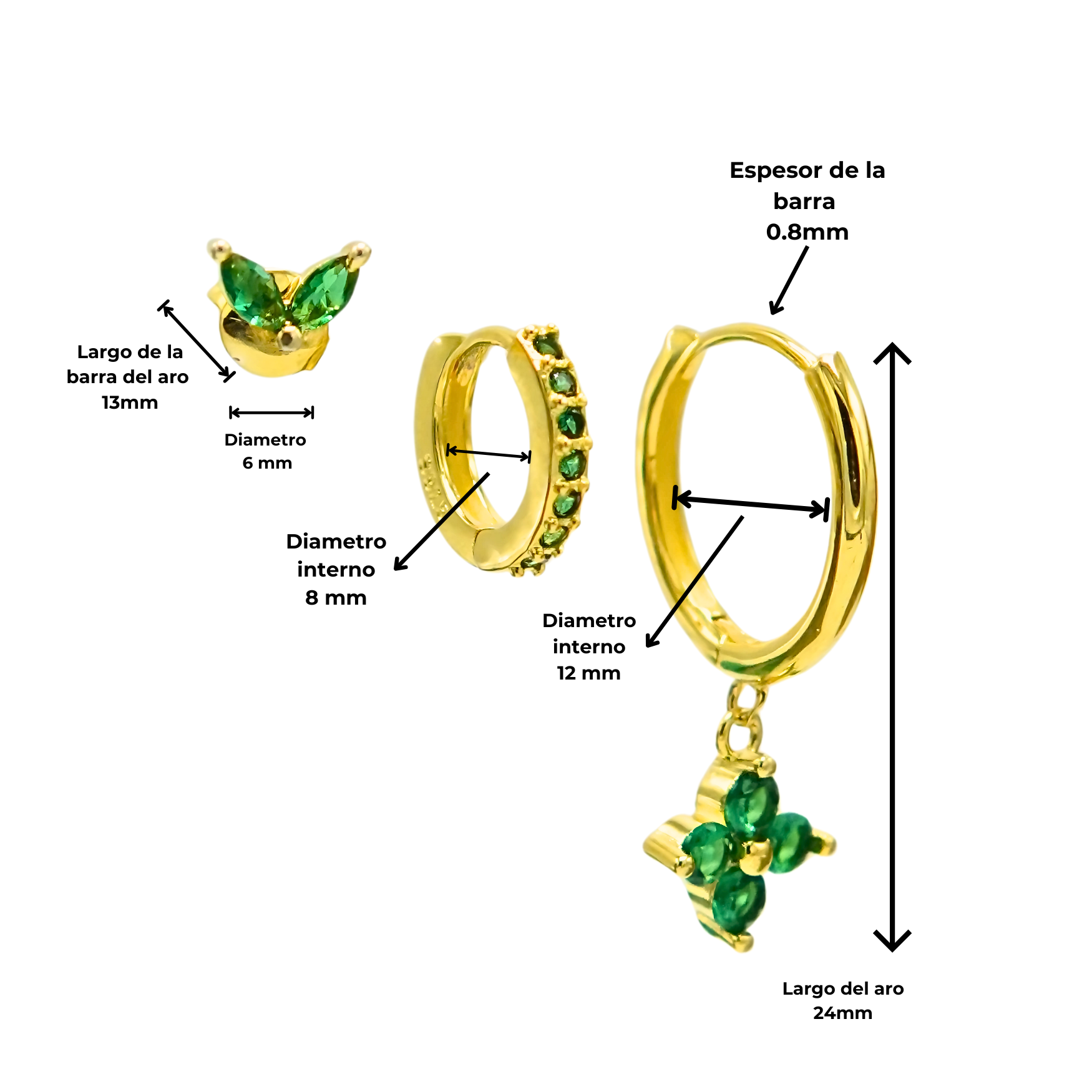 Pack de aros Antonia zirconia verde chapados en oro 18k-4