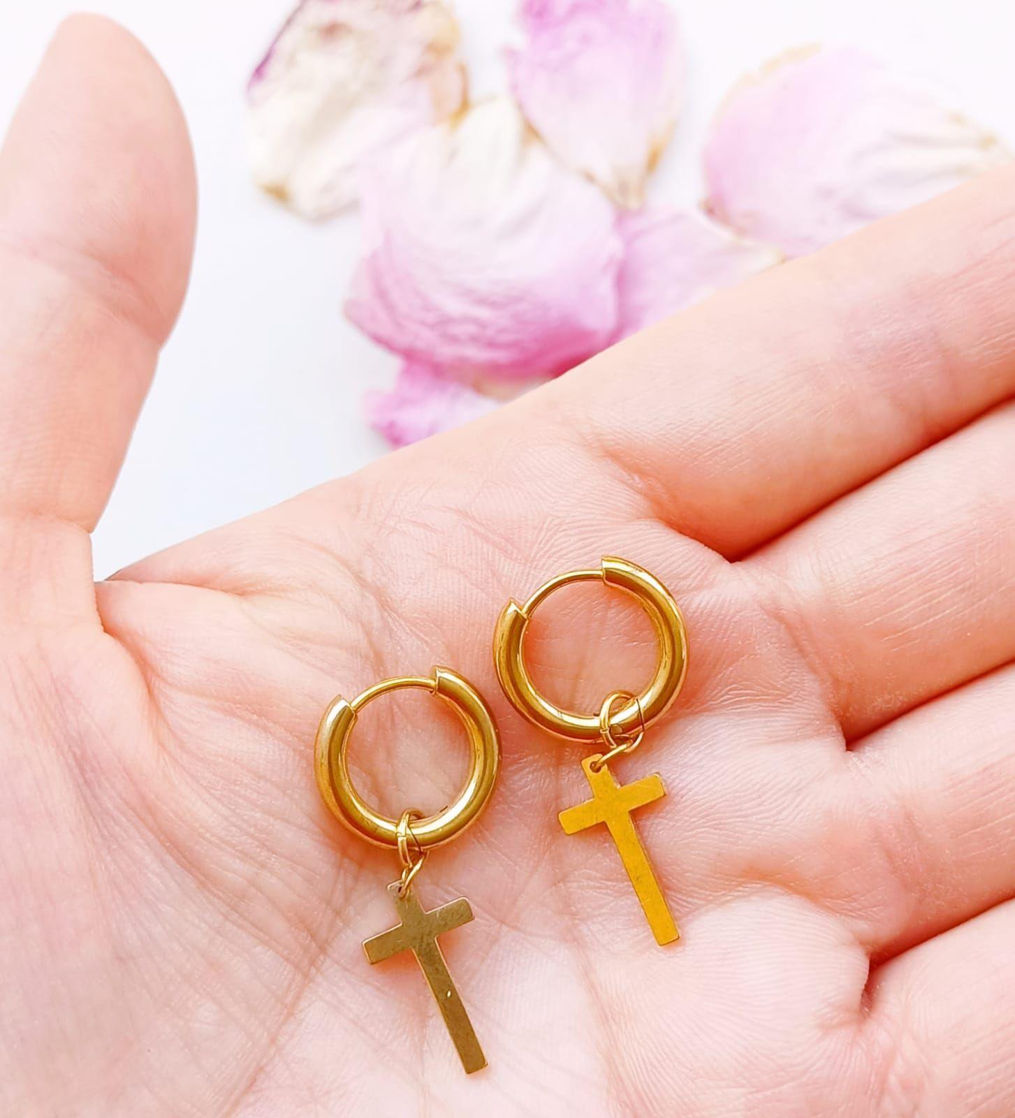 Aros Doble Uso Punk Cruz chapado en oro 18k Hombre Mujer-4