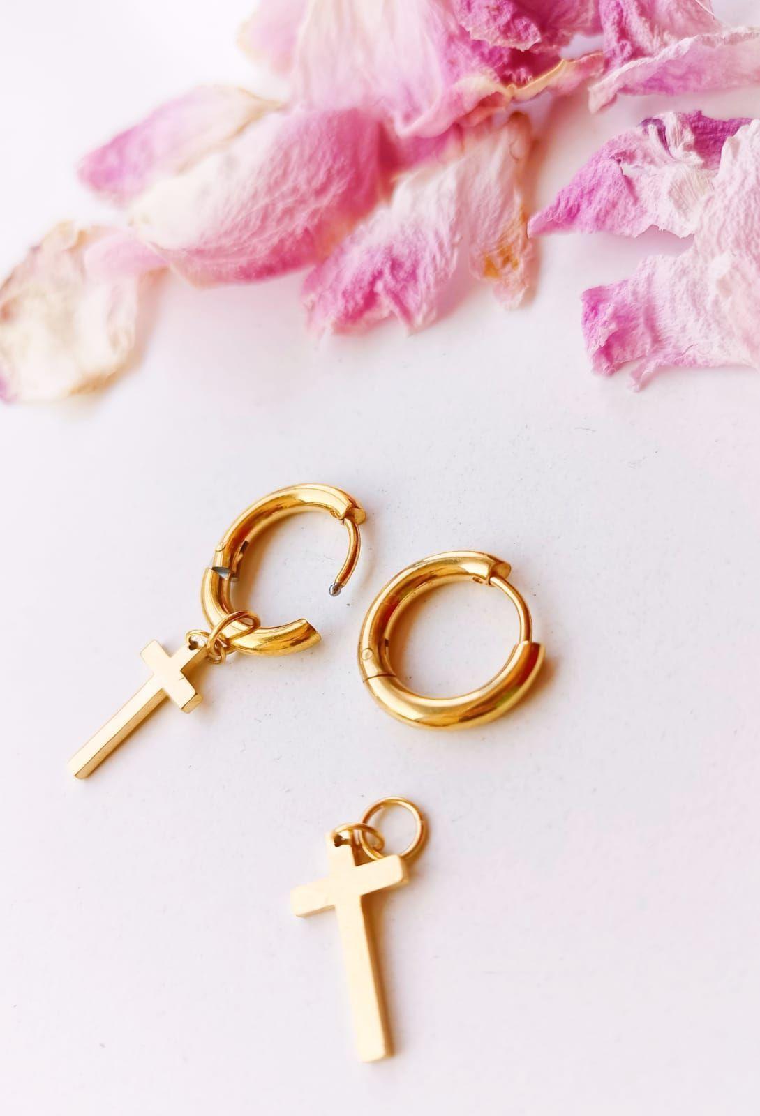 Aros Doble Uso Punk Cruz chapado en oro 18k Hombre Mujer-6