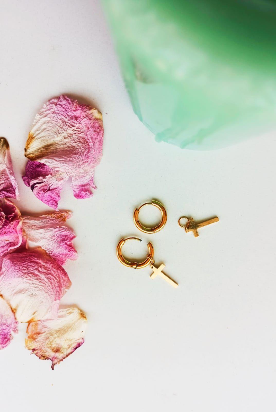 Aros Doble Uso Punk Cruz chapado en oro 18k Hombre Mujer-5