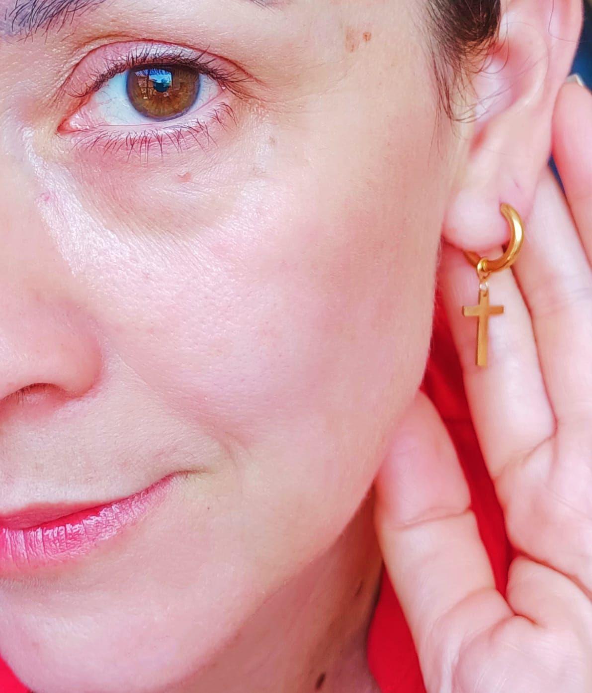 Aros Doble Uso Punk Cruz chapado en oro 18k Hombre Mujer-2