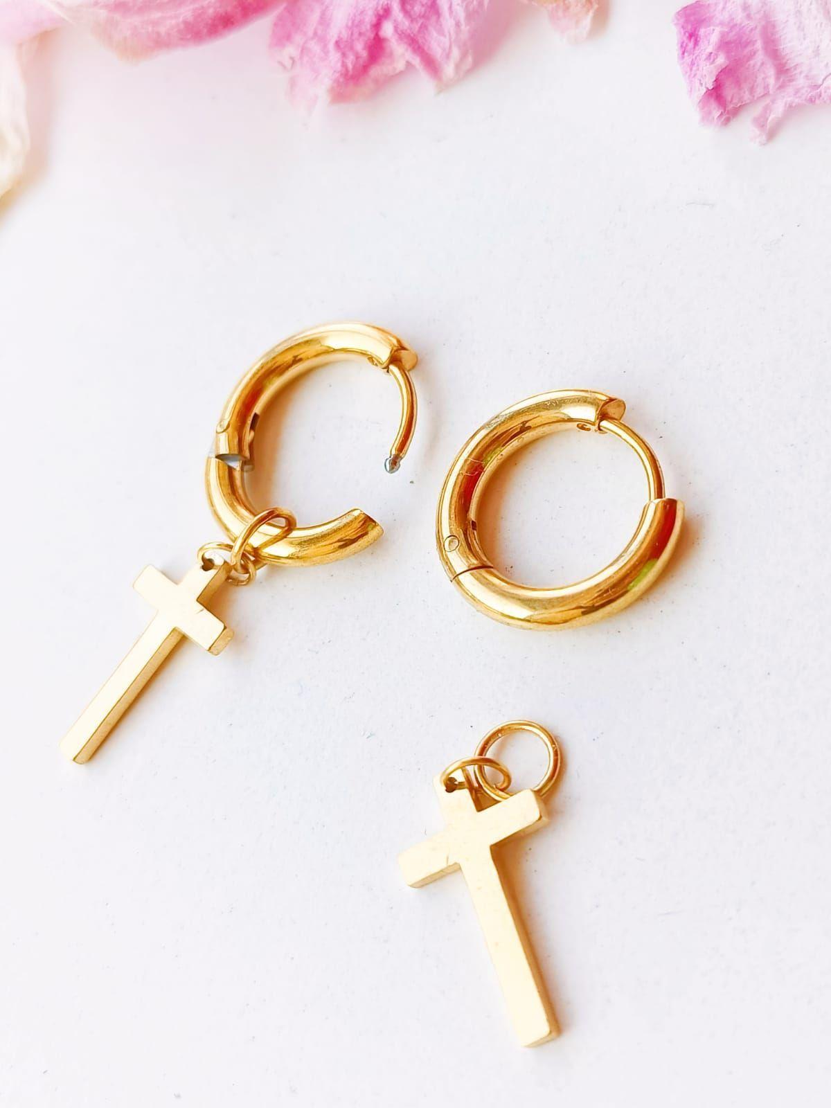 Aros Doble Uso Punk Cruz chapado en oro 18k Hombre Mujer-3