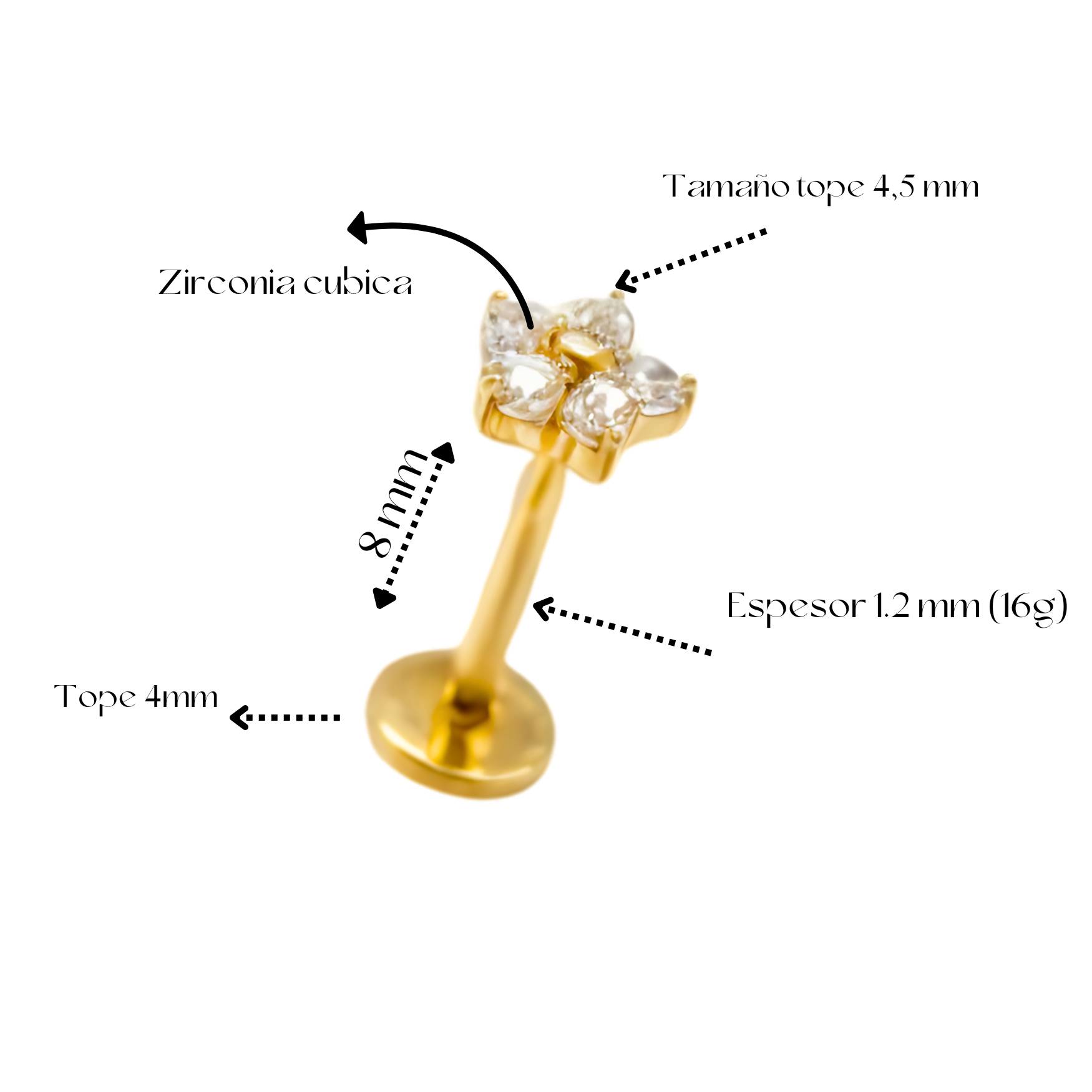 Piercing labret punto de luz flor titanio ASTM F136 G23 Dorado-2
