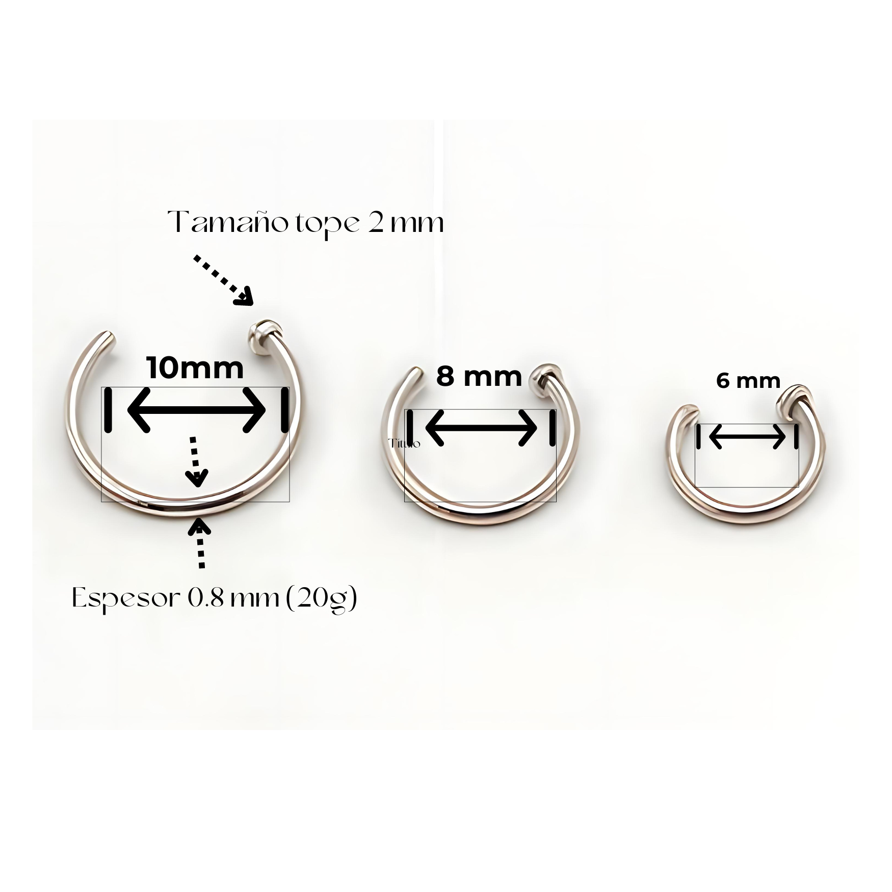 Pack de tres aros piercing abierto nostril titanio ASTM F136 plateados-2
