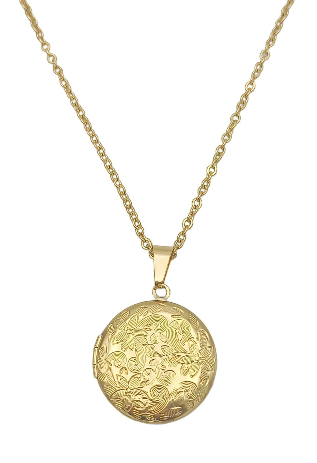 Colgante con dije Vintage Relicario Circular relieve flores chapado en oro 18kl-0