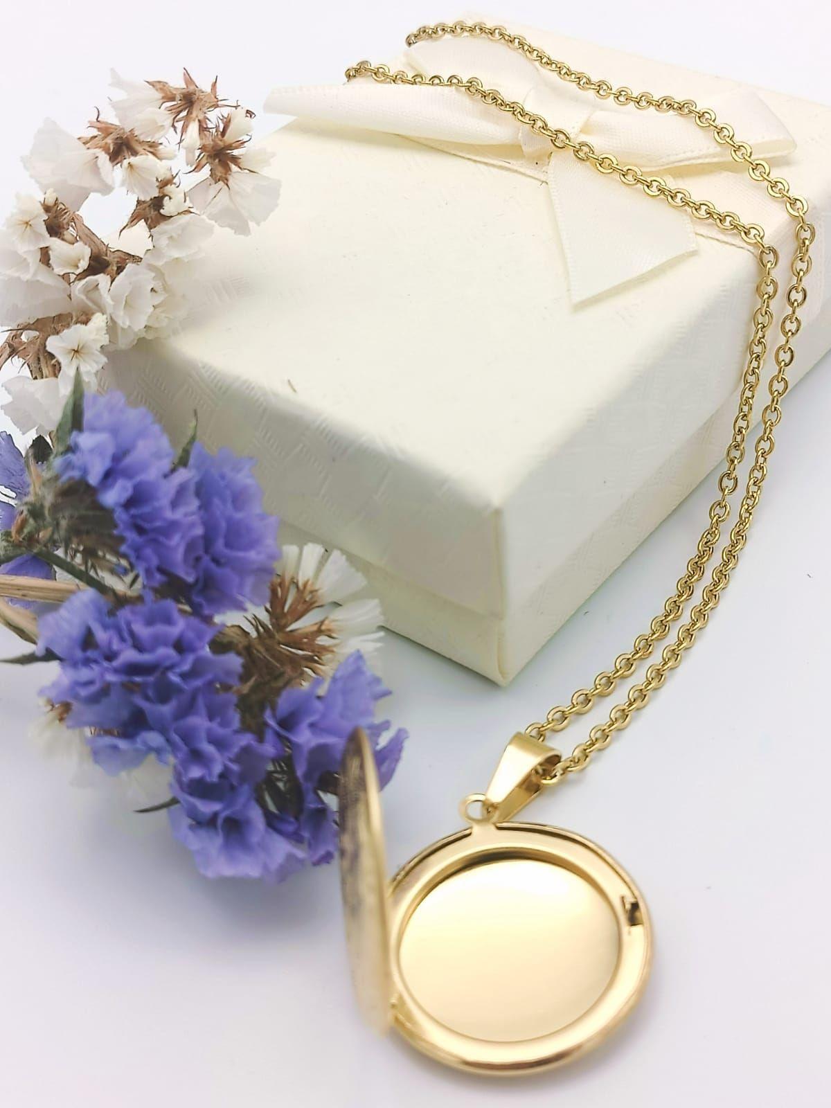 Colgante con dije Vintage Relicario Circular relieve flores chapado en oro 18kl-1